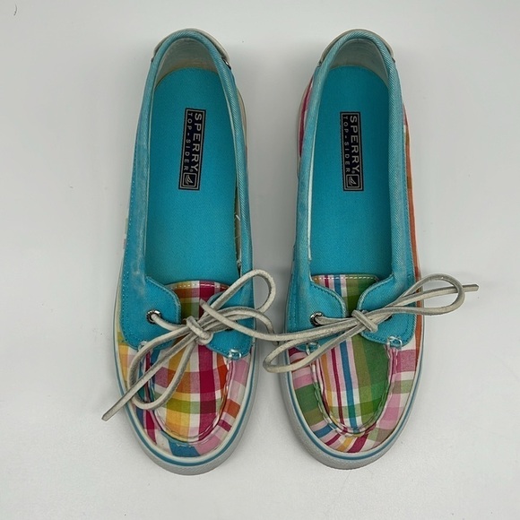 Sperry Women's TopSider Rainbow Plaid Water Turquoise Blue Canvas Boat shoe 6.5 - Picture 3 of 10